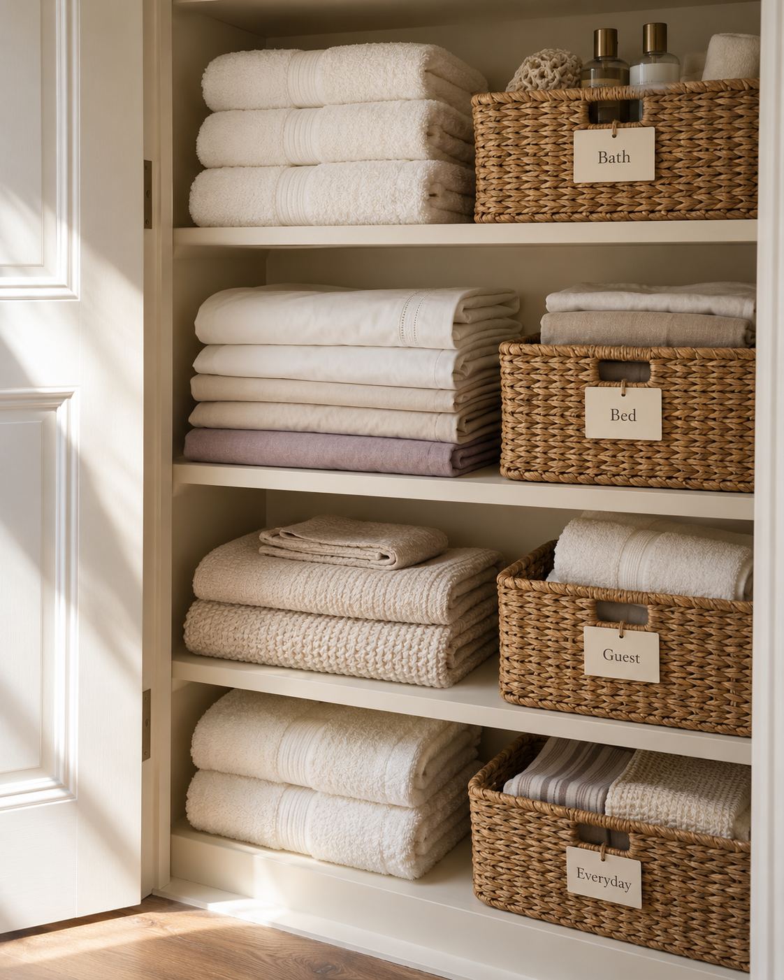 Sunlit organized linen closet with labelled baskets